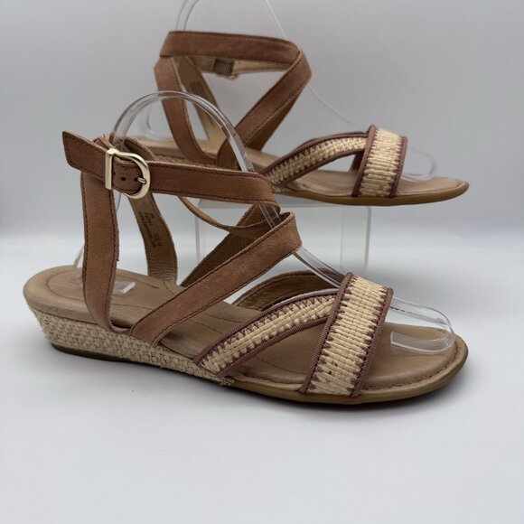 Born Cascade Sandals Shoes Womens Size 9 Brown Leather Raffia Strappy Wedge - Picture 1 of 7